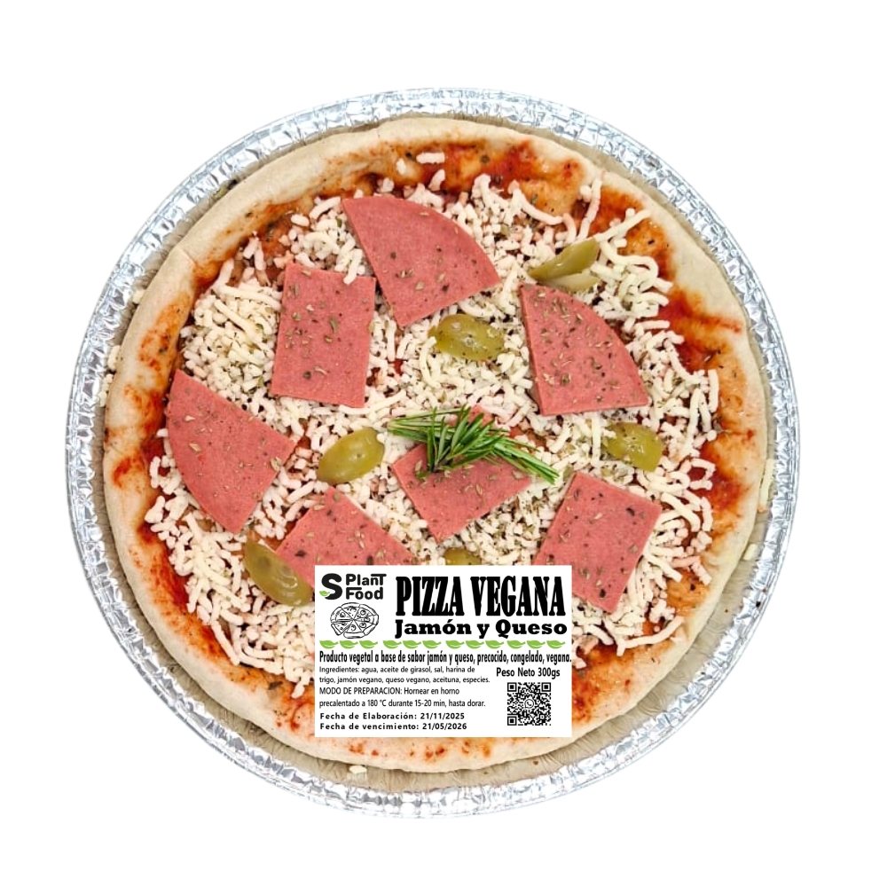 Pizza de Jamón y Queso. Individual, Congelado. Vegano 